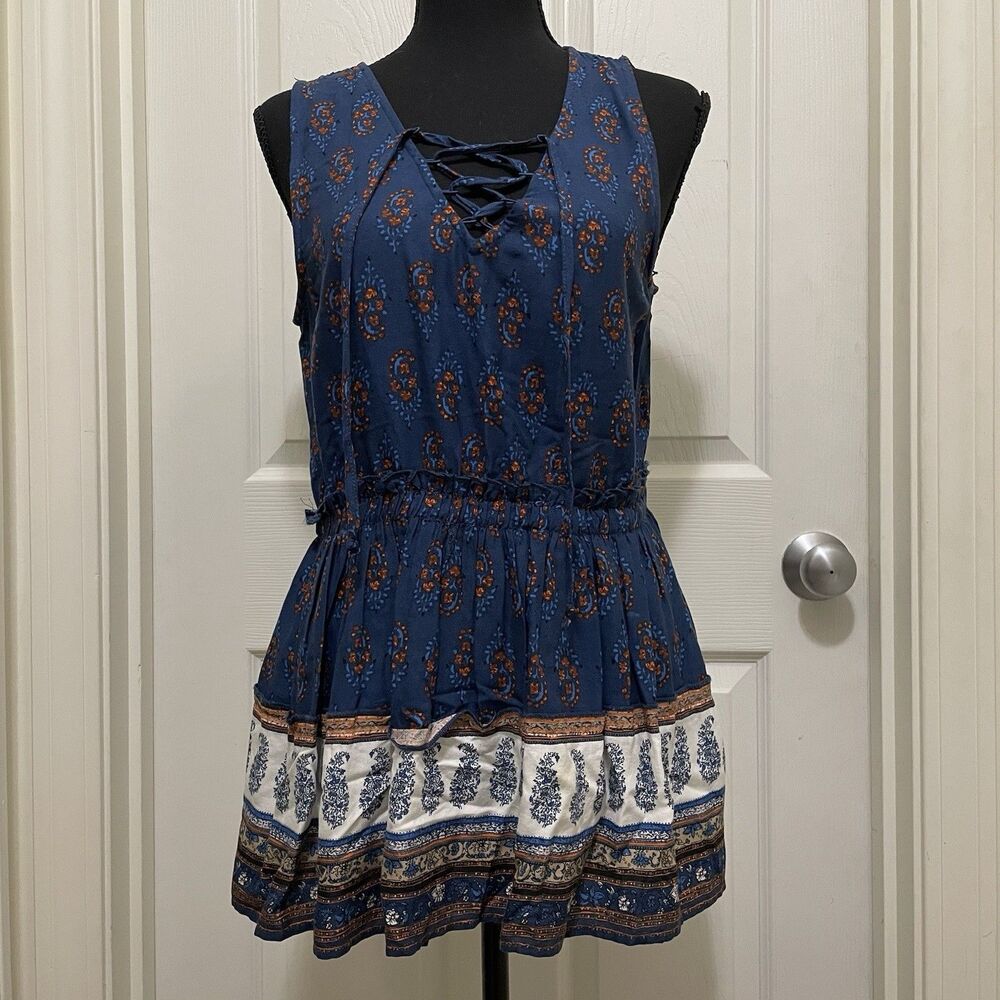 Maurices Paisley Peplum Tank Top Blouse V-Neck Cinched Waist Blue Womens X-Small